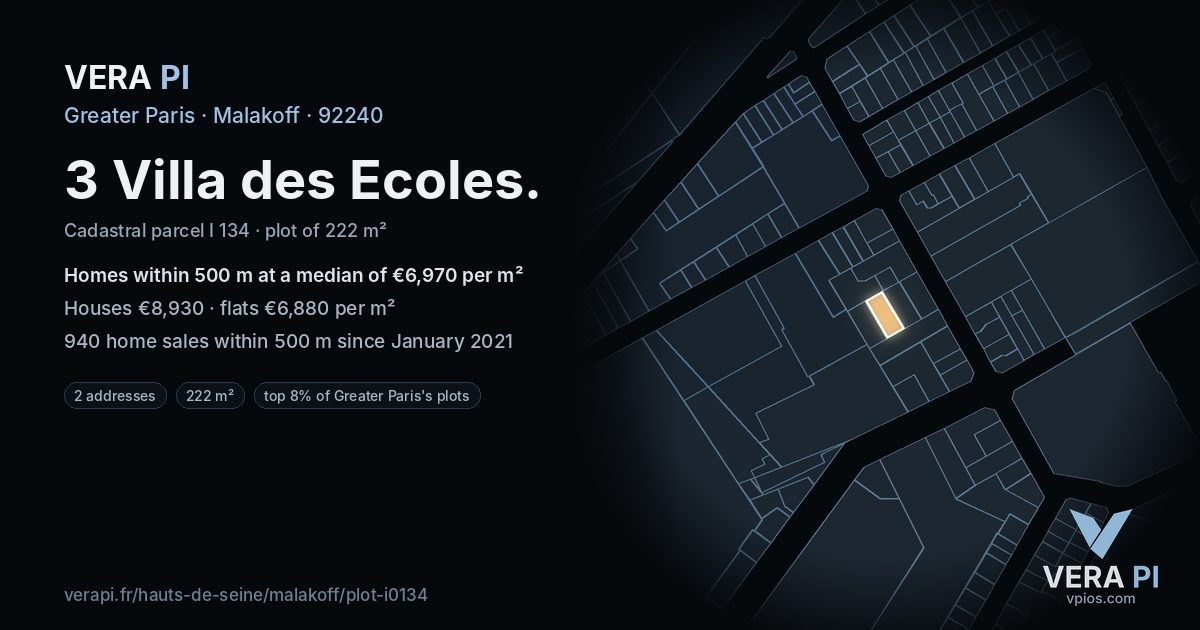 3 Villa des Ecoles, Malakoff at night – the plot lit, the parcels around coloured by the prices near them