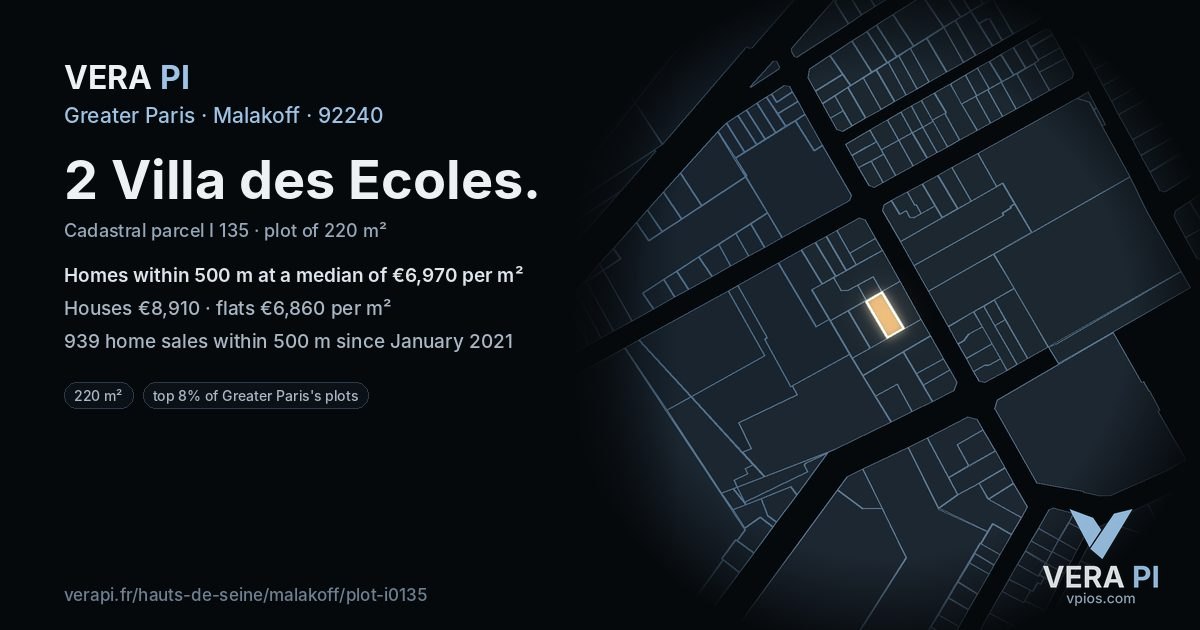 2 Villa des Ecoles, Malakoff at night – the plot lit, the parcels around coloured by the prices near them