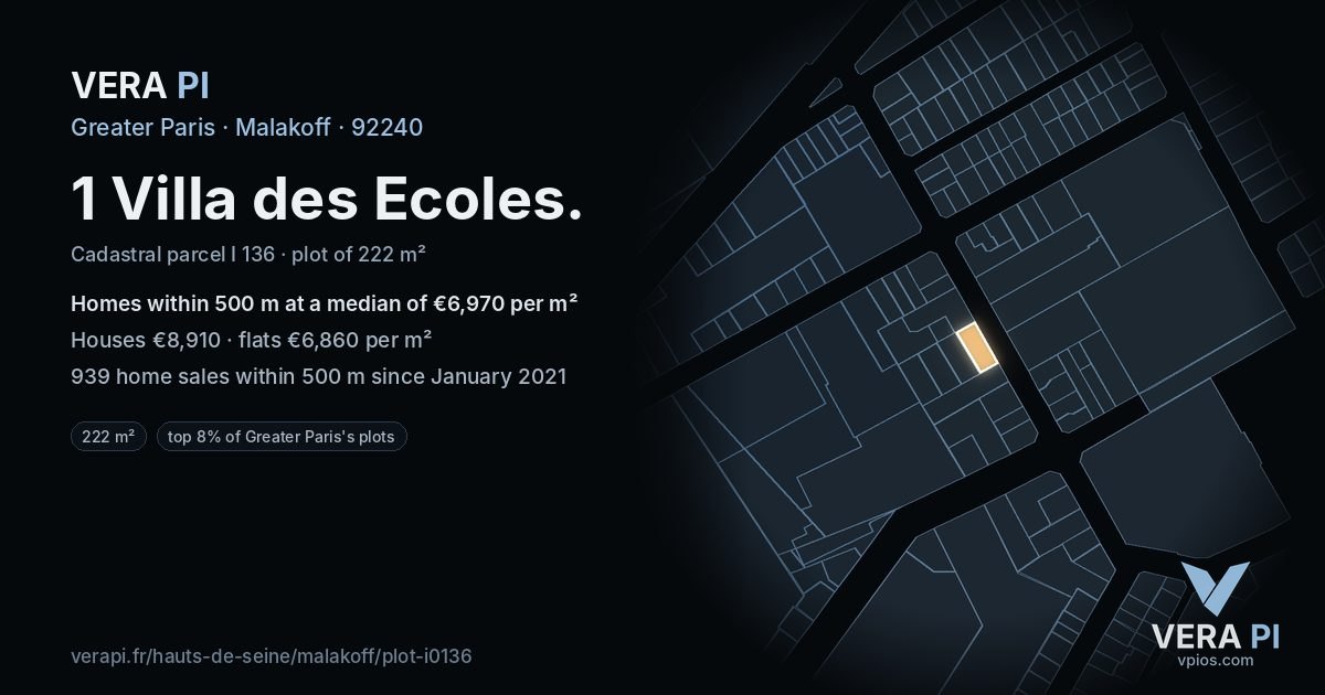 1 Villa des Ecoles, Malakoff at night – the plot lit, the parcels around coloured by the prices near them