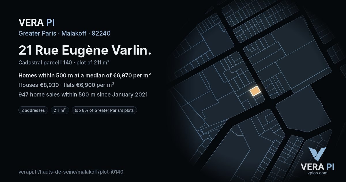 21 Rue Eugène Varlin, Malakoff at night – the plot lit, the parcels around coloured by the prices near them