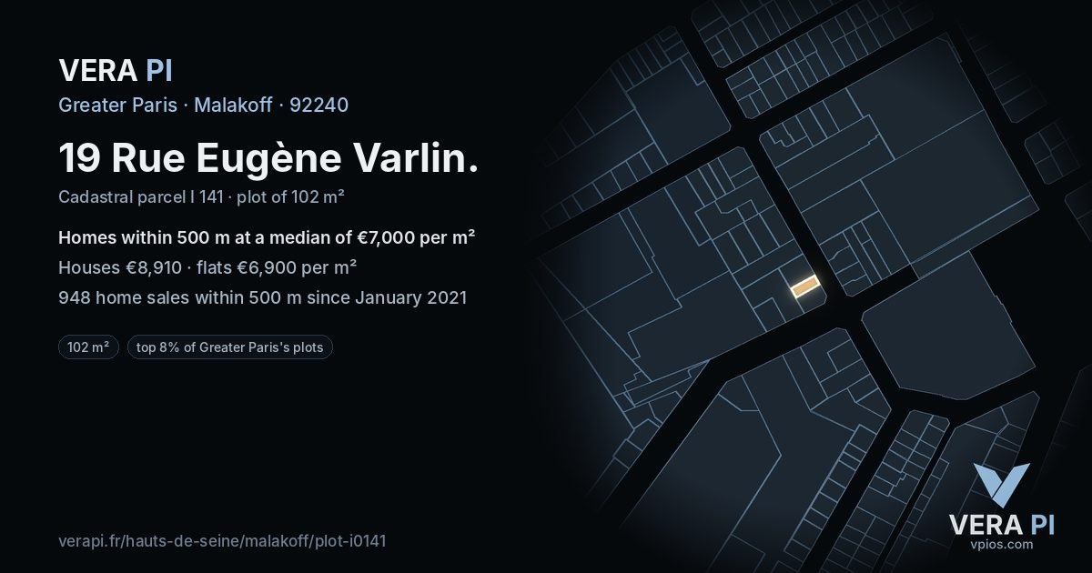 19 Rue Eugène Varlin, Malakoff at night – the plot lit, the parcels around coloured by the prices near them