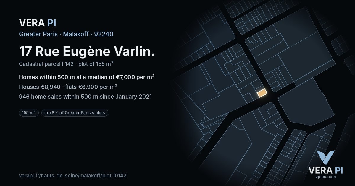 17 Rue Eugène Varlin, Malakoff at night – the plot lit, the parcels around coloured by the prices near them