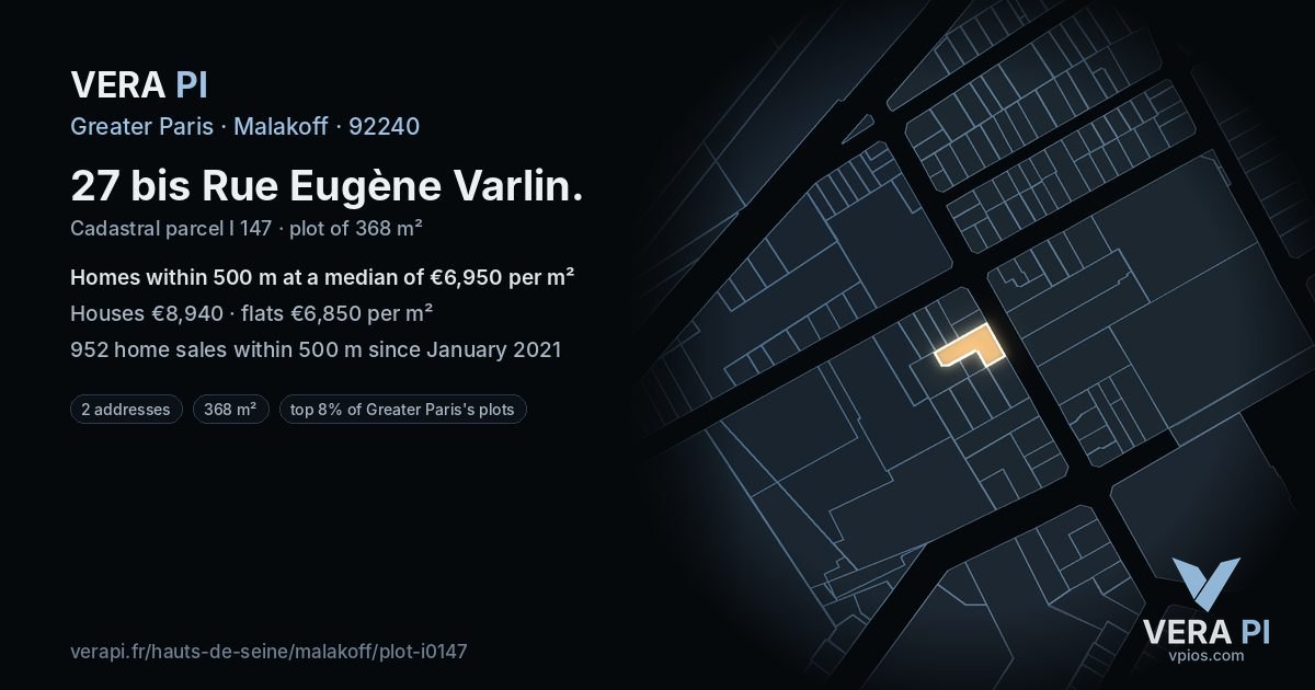 27 bis Rue Eugène Varlin, Malakoff at night – the plot lit, the parcels around coloured by the prices near them