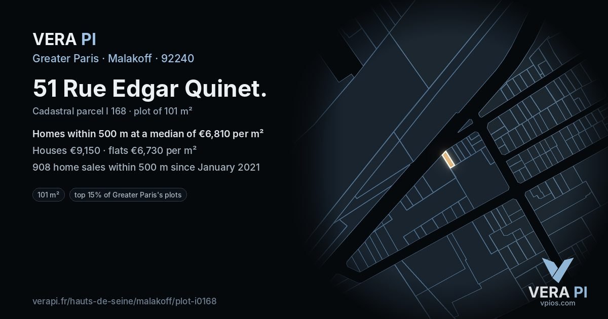 51 Rue Edgar Quinet, Malakoff at night – the plot lit, the parcels around coloured by the prices near them