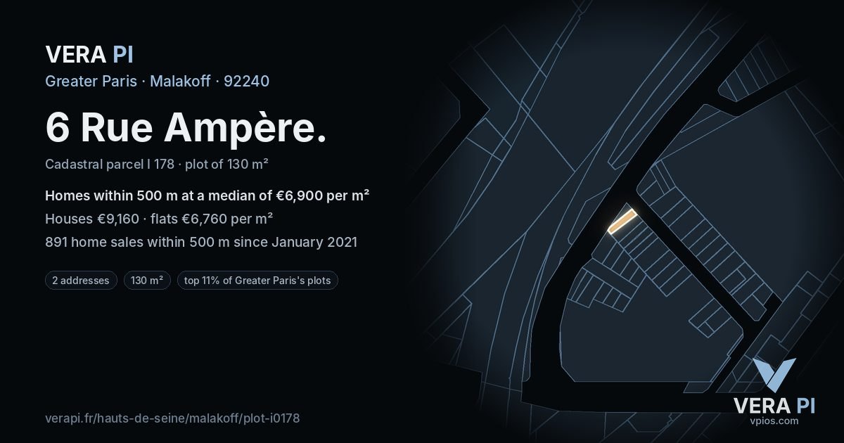 6 Rue Ampère, Malakoff at night – the plot lit, the parcels around coloured by the prices near them