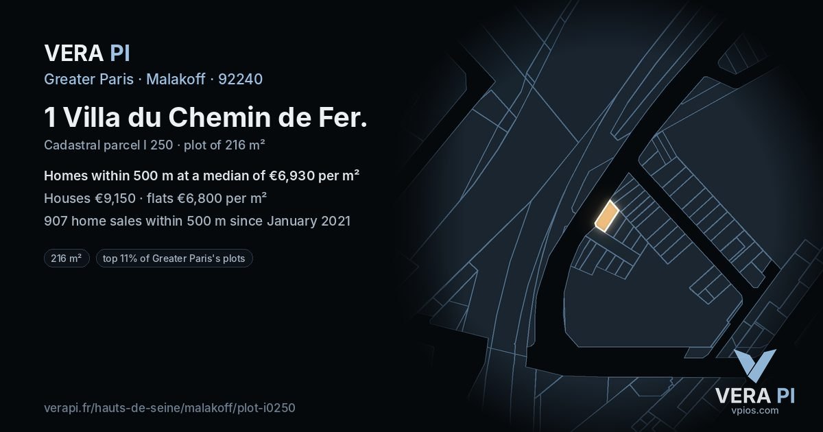 1 Villa du Chemin de Fer, Malakoff at night – the plot lit, the parcels around coloured by the prices near them