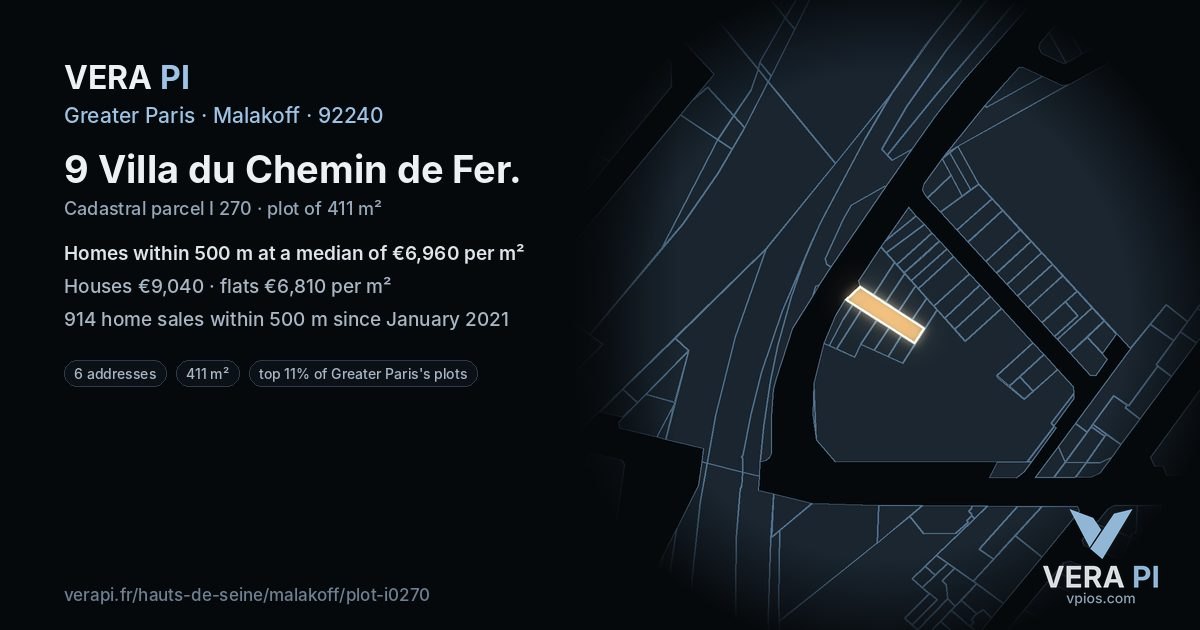 9 Villa du Chemin de Fer, Malakoff at night – the plot lit, the parcels around coloured by the prices near them