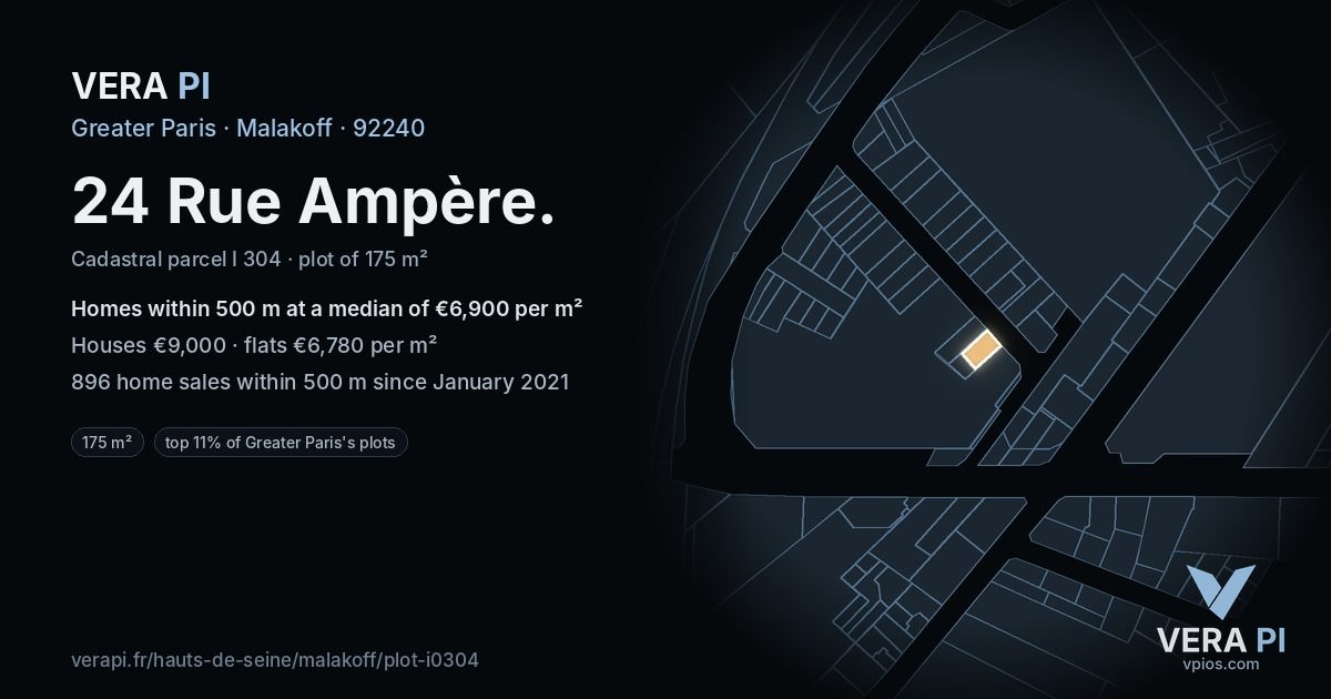 24 Rue Ampère, Malakoff at night – the plot lit, the parcels around coloured by the prices near them