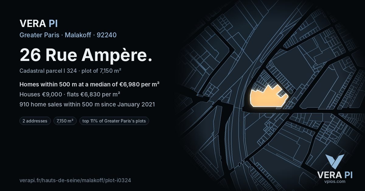 26 Rue Ampère, Malakoff at night – the plot lit, the parcels around coloured by the prices near them