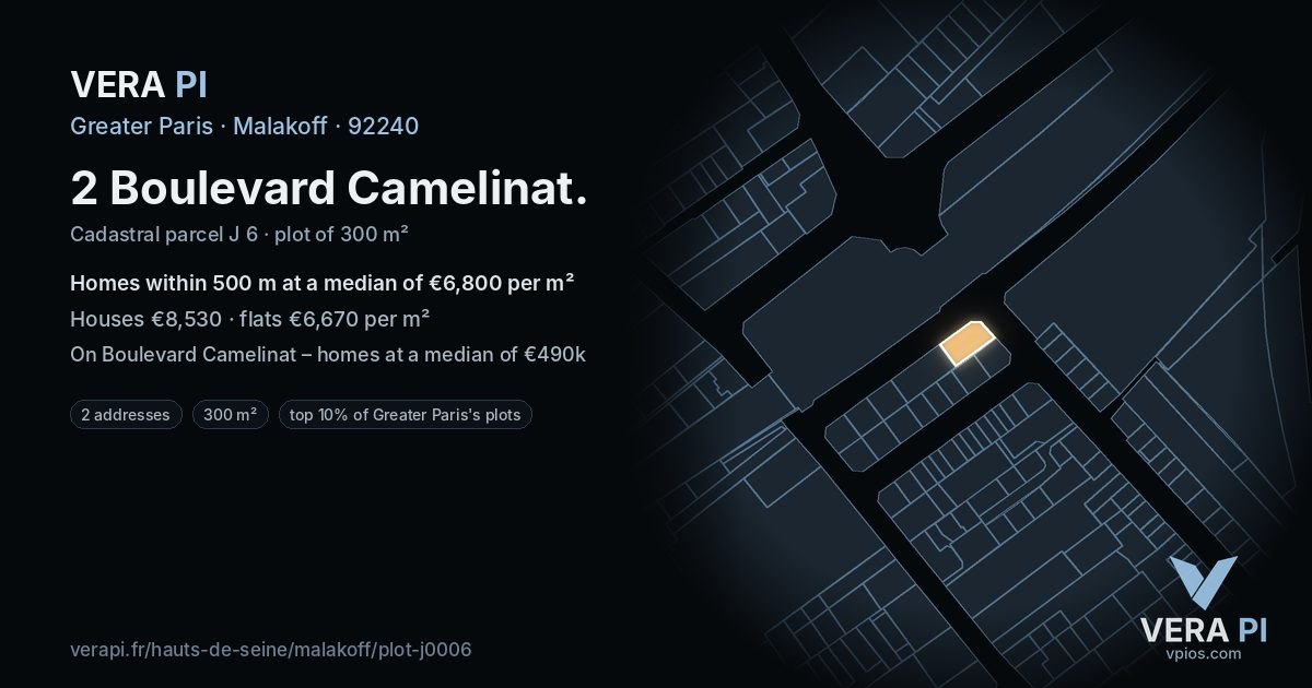 2 Boulevard Camelinat, Malakoff at night – the plot lit, the parcels around coloured by the prices near them