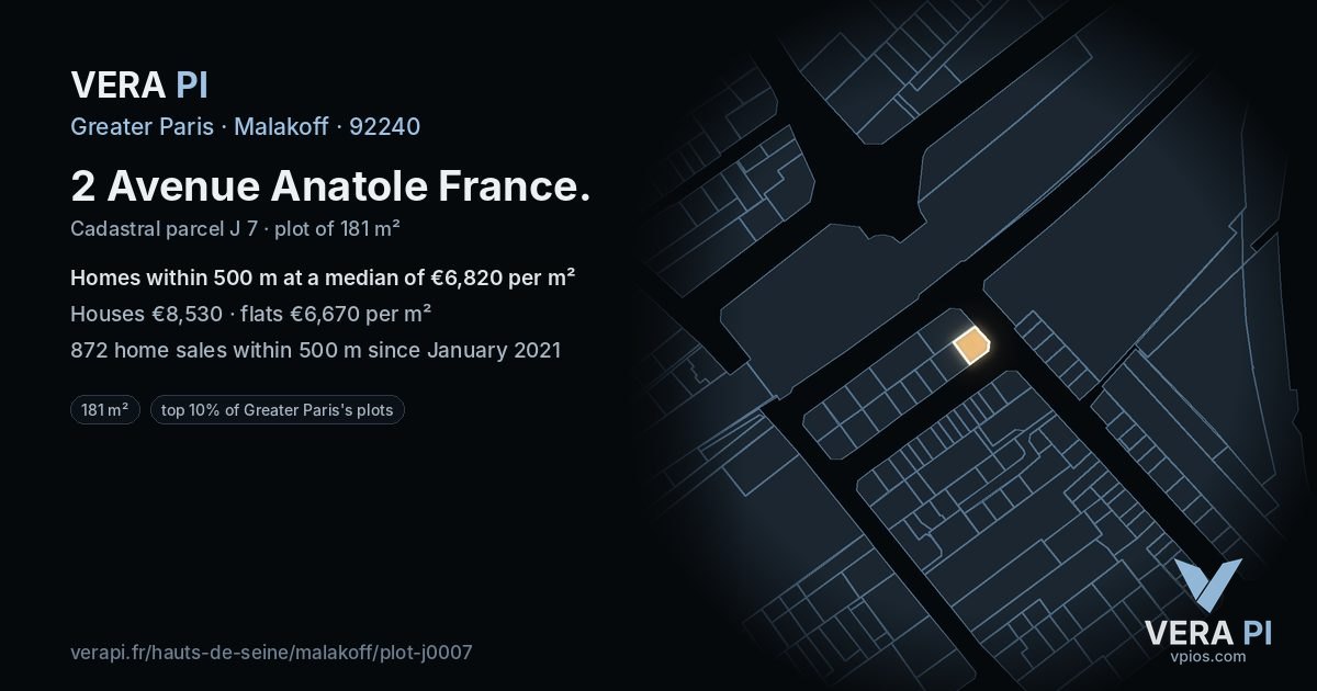 2 Avenue Anatole France, Malakoff at night – the plot lit, the parcels around coloured by the prices near them