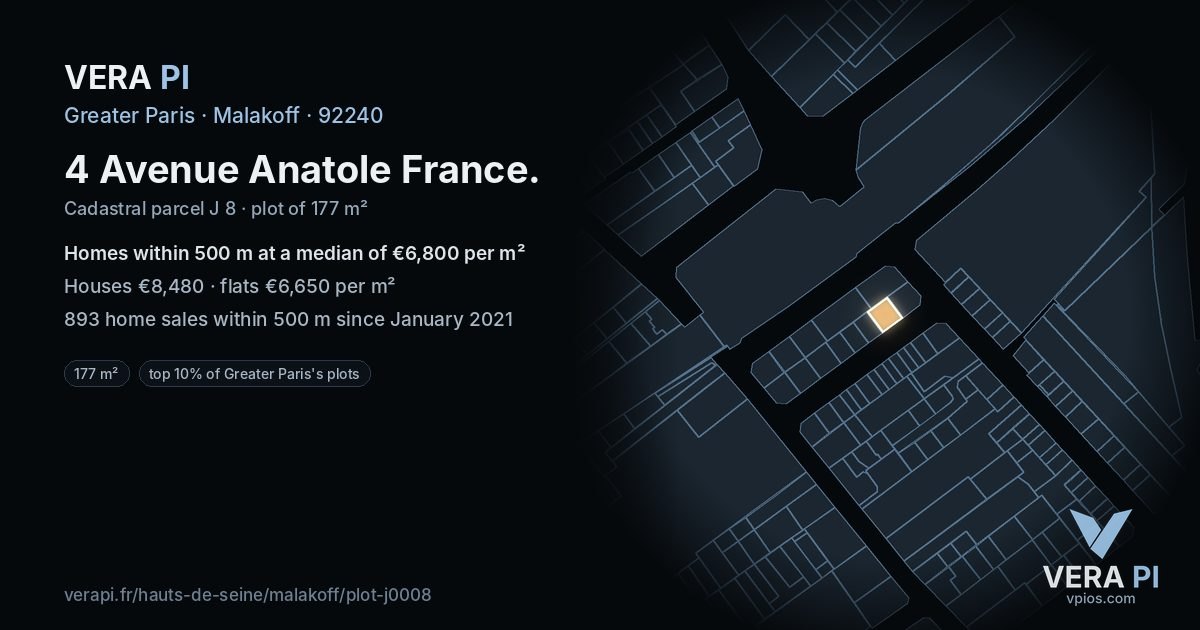 4 Avenue Anatole France, Malakoff at night – the plot lit, the parcels around coloured by the prices near them