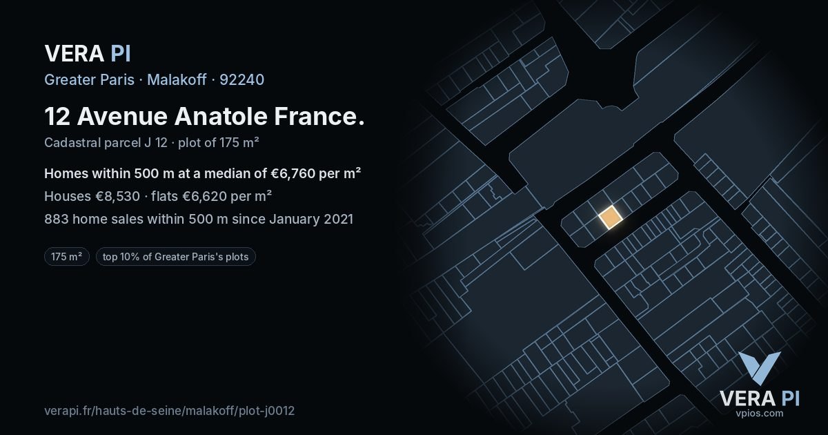 12 Avenue Anatole France, Malakoff at night – the plot lit, the parcels around coloured by the prices near them