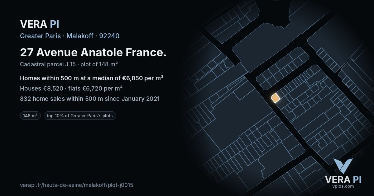 27 Avenue Anatole France, Malakoff at night – the plot lit, the parcels around coloured by the prices near them