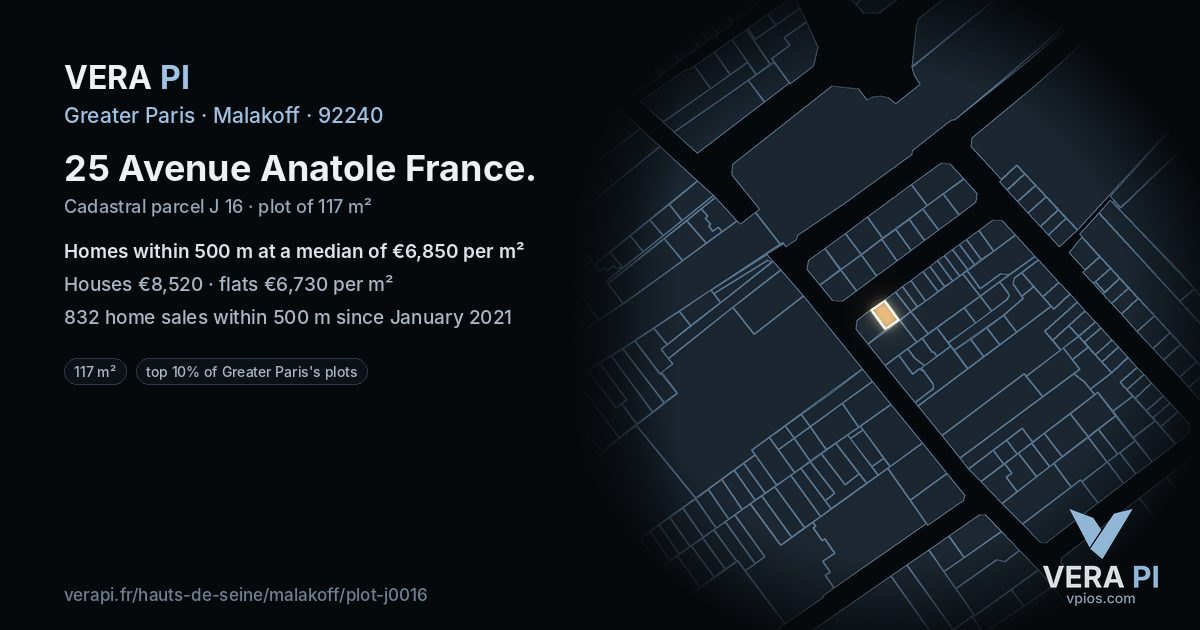 25 Avenue Anatole France, Malakoff at night – the plot lit, the parcels around coloured by the prices near them