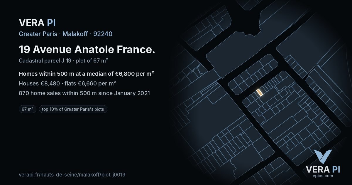 19 Avenue Anatole France, Malakoff at night – the plot lit, the parcels around coloured by the prices near them