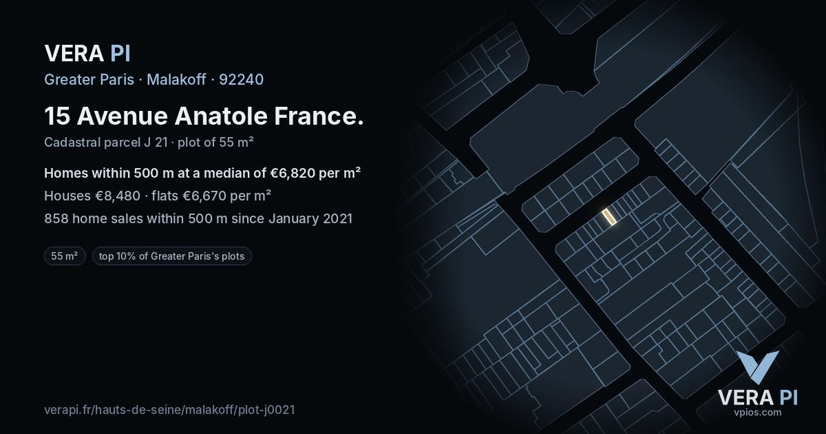 15 Avenue Anatole France, Malakoff at night – the plot lit, the parcels around coloured by the prices near them
