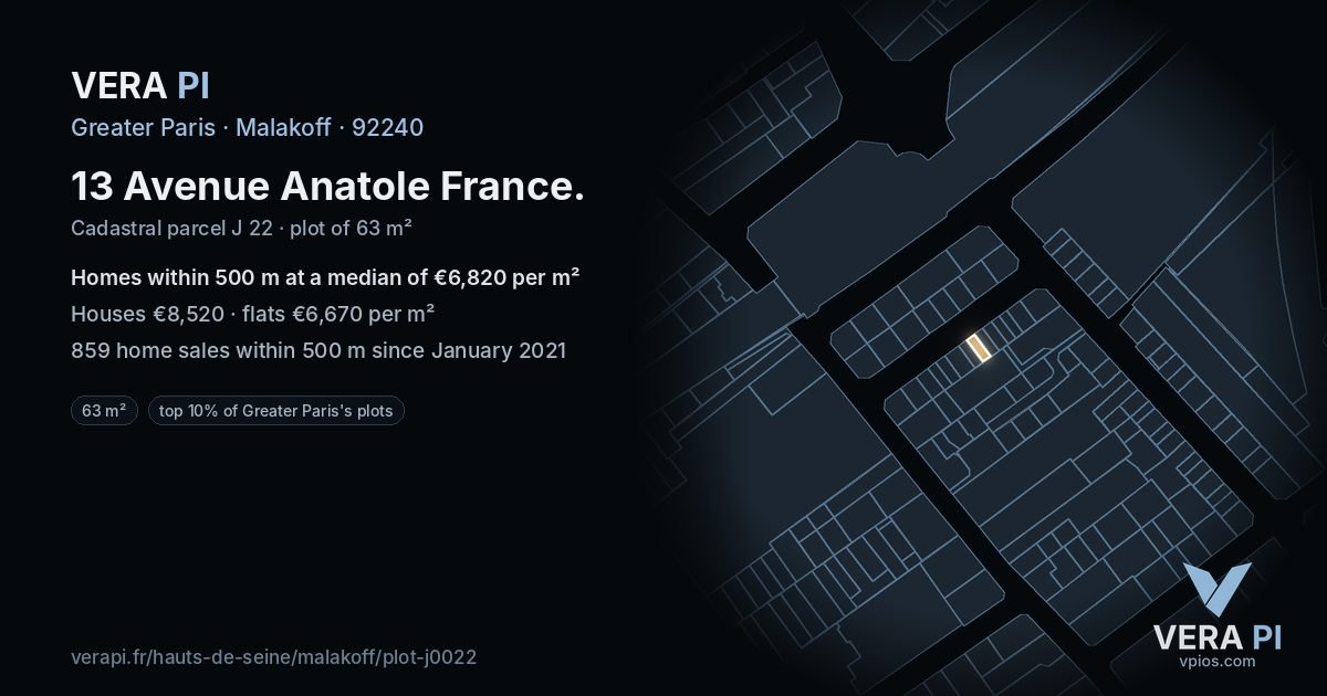 13 Avenue Anatole France, Malakoff at night – the plot lit, the parcels around coloured by the prices near them