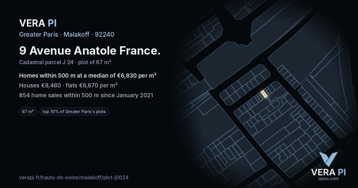 9 Avenue Anatole France, Malakoff at night – the plot lit, the parcels around coloured by the prices near them