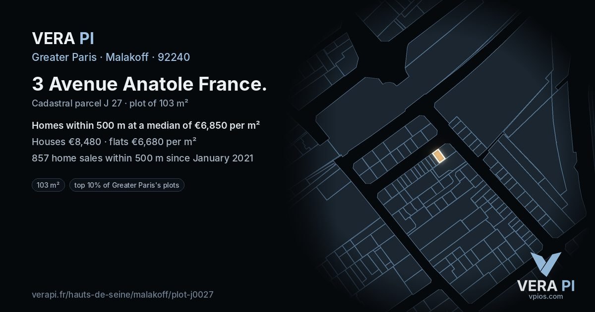 3 Avenue Anatole France, Malakoff at night – the plot lit, the parcels around coloured by the prices near them