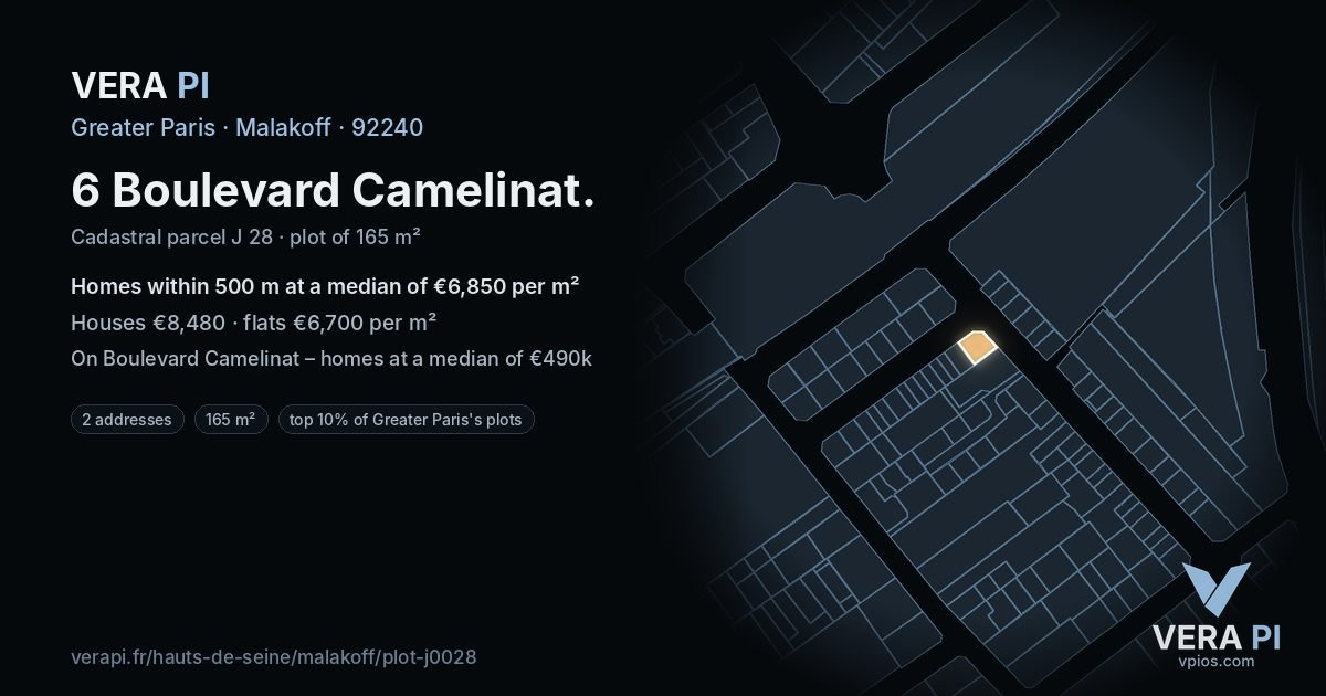6 Boulevard Camelinat, Malakoff at night – the plot lit, the parcels around coloured by the prices near them