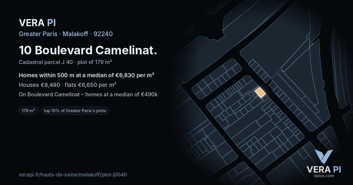 10 Boulevard Camelinat, Malakoff at night – the plot lit, the parcels around coloured by the prices near them