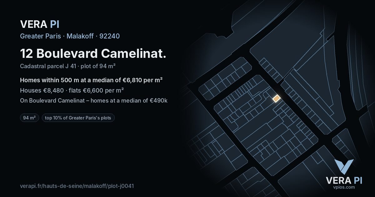 12 Boulevard Camelinat, Malakoff at night – the plot lit, the parcels around coloured by the prices near them