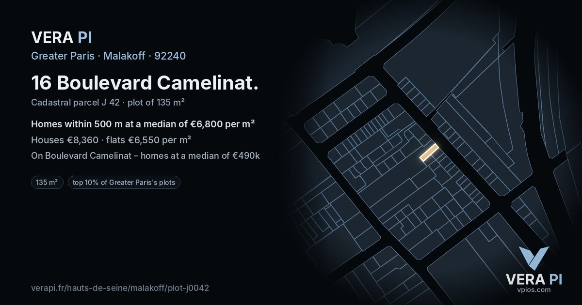 16 Boulevard Camelinat, Malakoff at night – the plot lit, the parcels around coloured by the prices near them