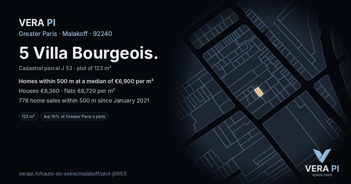 5 Villa Bourgeois, Malakoff at night – the plot lit, the parcels around coloured by the prices near them