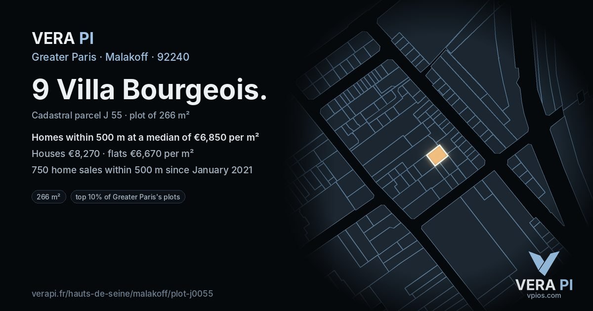 9 Villa Bourgeois, Malakoff at night – the plot lit, the parcels around coloured by the prices near them
