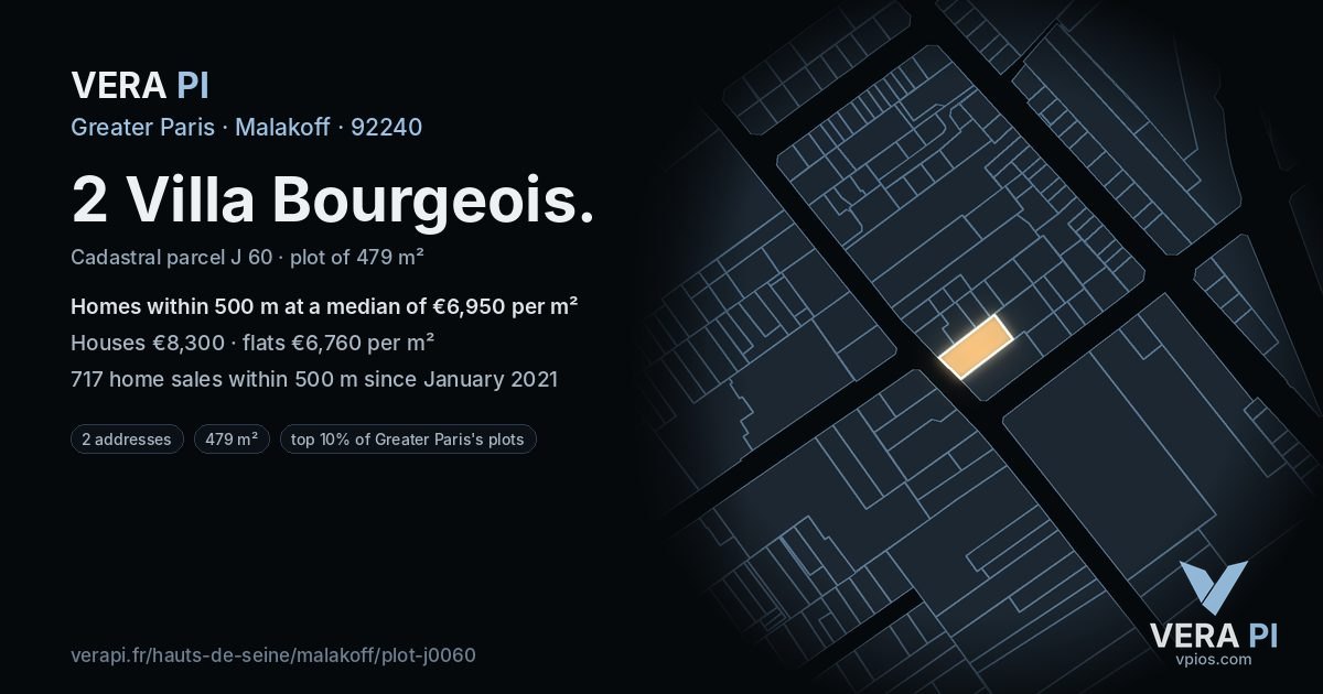 2 Villa Bourgeois, Malakoff at night – the plot lit, the parcels around coloured by the prices near them