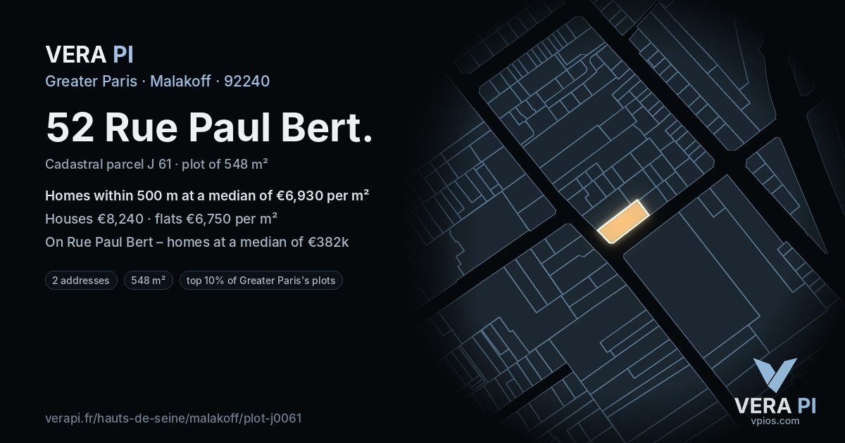 52 Rue Paul Bert, Malakoff at night – the plot lit, the parcels around coloured by the prices near them