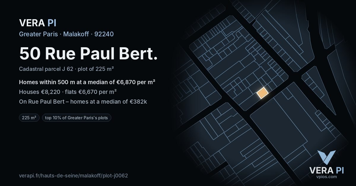50 Rue Paul Bert, Malakoff at night – the plot lit, the parcels around coloured by the prices near them