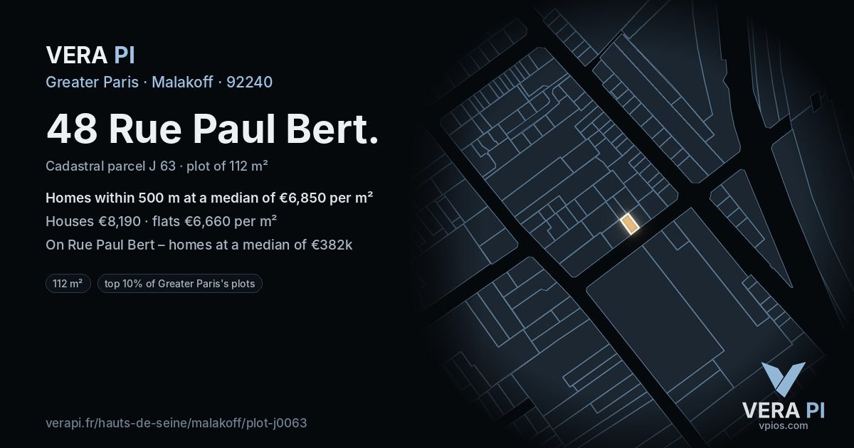 48 Rue Paul Bert, Malakoff at night – the plot lit, the parcels around coloured by the prices near them