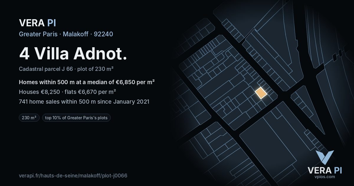4 Villa Adnot, Malakoff at night – the plot lit, the parcels around coloured by the prices near them