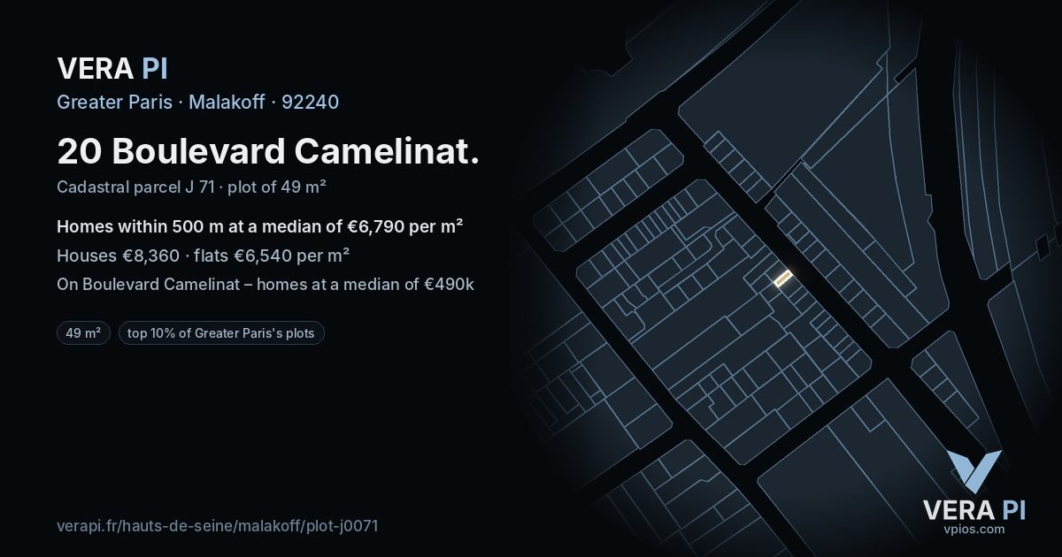 20 Boulevard Camelinat, Malakoff at night – the plot lit, the parcels around coloured by the prices near them