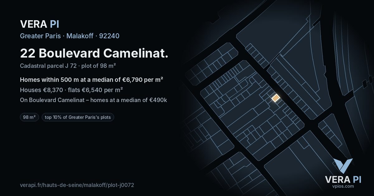 22 Boulevard Camelinat, Malakoff at night – the plot lit, the parcels around coloured by the prices near them