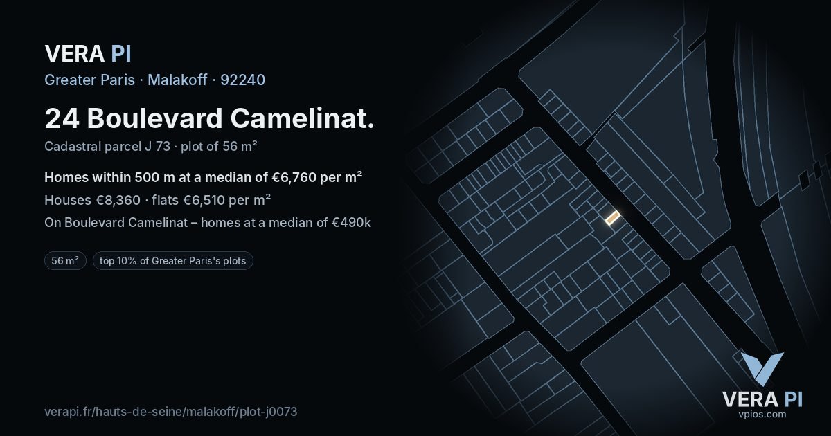 24 Boulevard Camelinat, Malakoff at night – the plot lit, the parcels around coloured by the prices near them