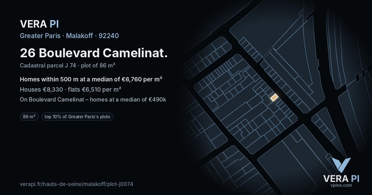 26 Boulevard Camelinat, Malakoff at night – the plot lit, the parcels around coloured by the prices near them