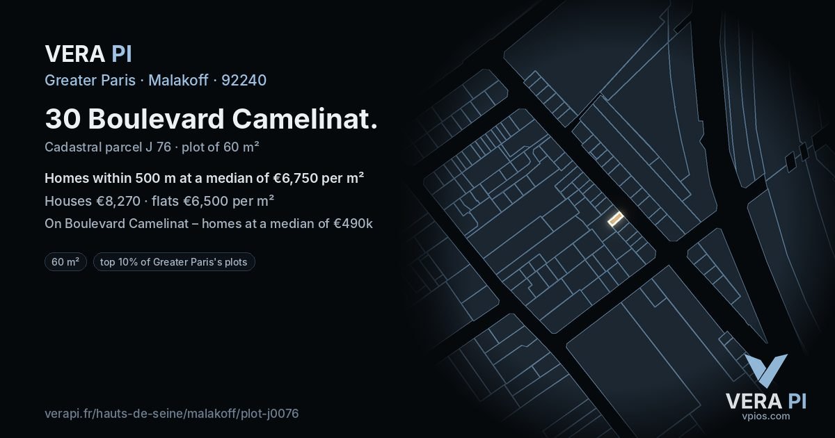 30 Boulevard Camelinat, Malakoff at night – the plot lit, the parcels around coloured by the prices near them