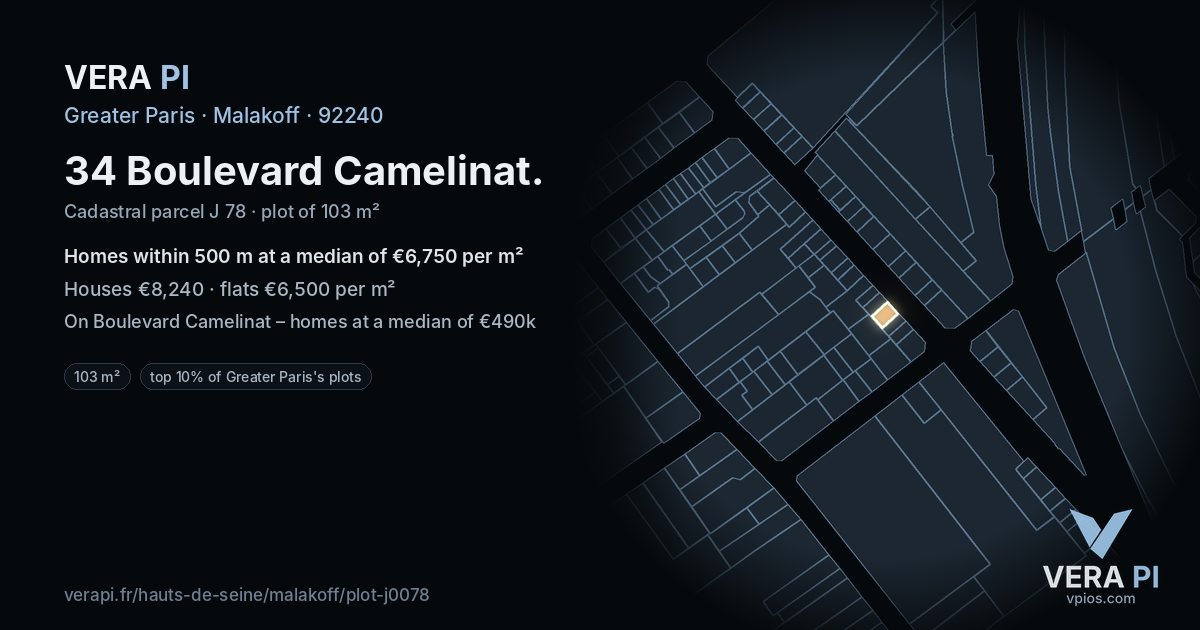 34 Boulevard Camelinat, Malakoff at night – the plot lit, the parcels around coloured by the prices near them