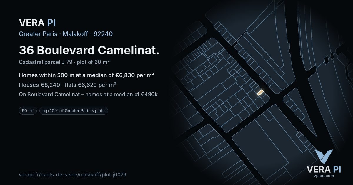 36 Boulevard Camelinat, Malakoff at night – the plot lit, the parcels around coloured by the prices near them