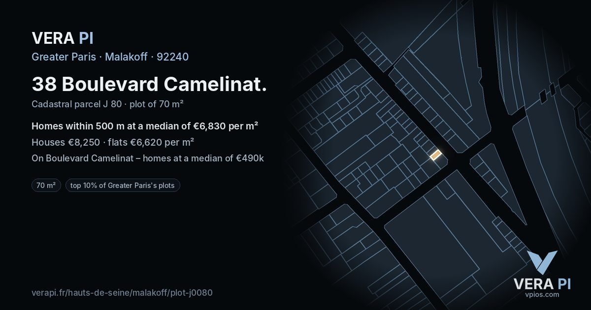 38 Boulevard Camelinat, Malakoff at night – the plot lit, the parcels around coloured by the prices near them