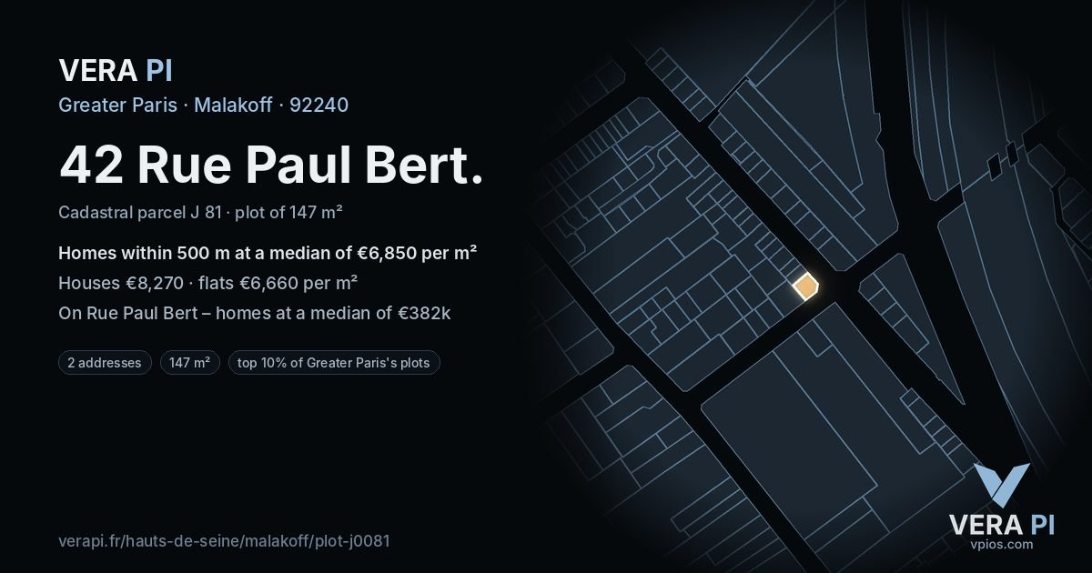 42 Rue Paul Bert, Malakoff at night – the plot lit, the parcels around coloured by the prices near them