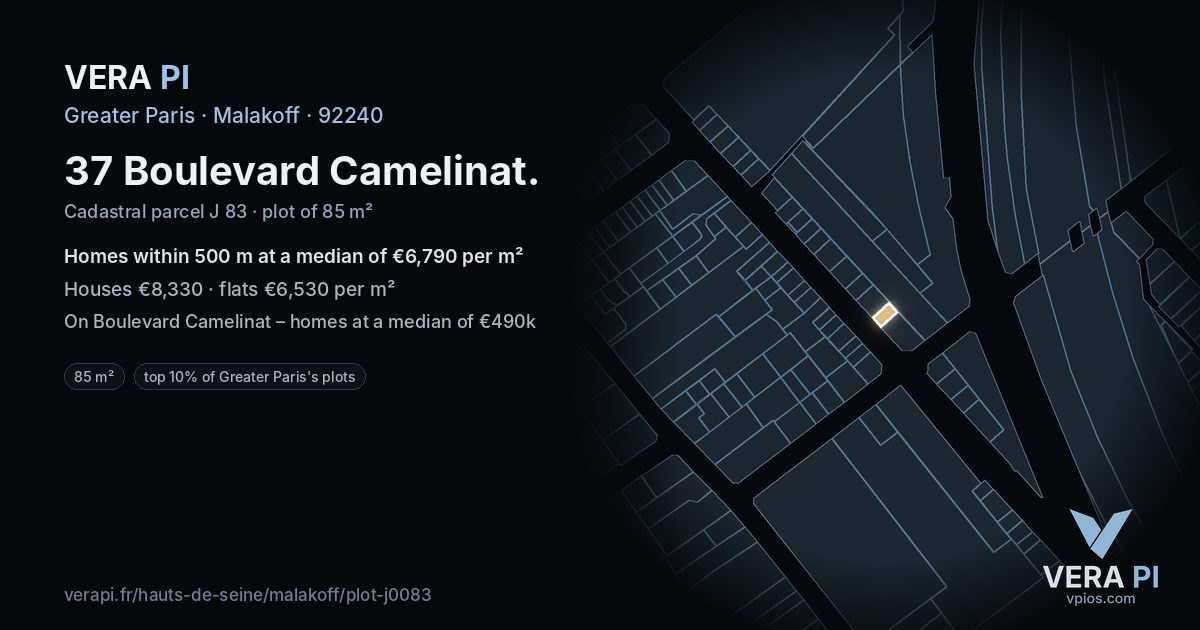 37 Boulevard Camelinat, Malakoff at night – the plot lit, the parcels around coloured by the prices near them