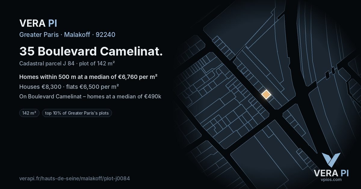 35 Boulevard Camelinat, Malakoff at night – the plot lit, the parcels around coloured by the prices near them
