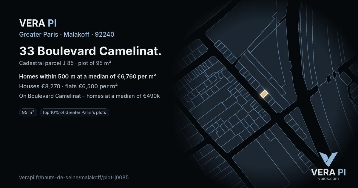 33 Boulevard Camelinat, Malakoff at night – the plot lit, the parcels around coloured by the prices near them