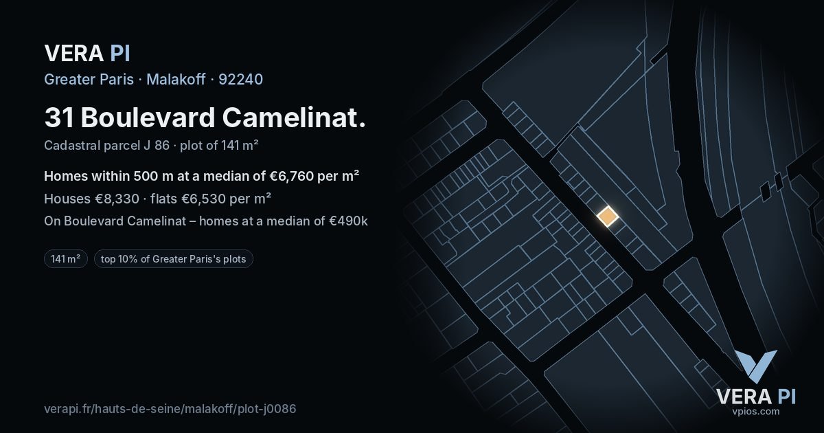 31 Boulevard Camelinat, Malakoff at night – the plot lit, the parcels around coloured by the prices near them
