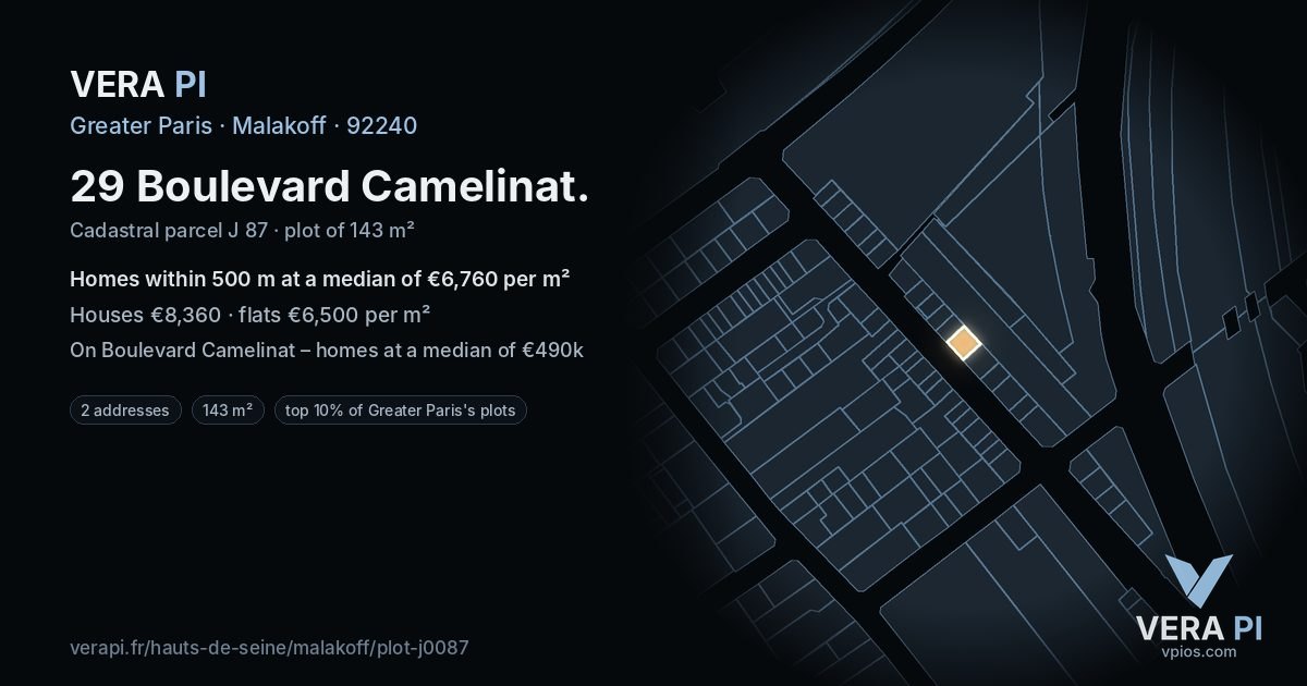 29 Boulevard Camelinat, Malakoff at night – the plot lit, the parcels around coloured by the prices near them