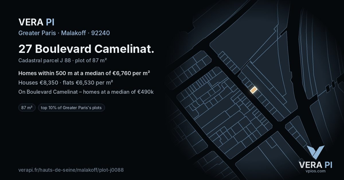 27 Boulevard Camelinat, Malakoff at night – the plot lit, the parcels around coloured by the prices near them